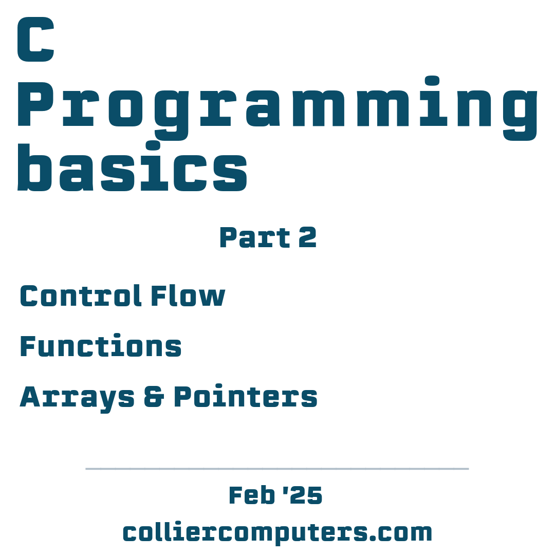 Cover image for "C Programming Basics Part 2" highlighting key topics: Control Flow, Functions, and Arrays & Pointers, with the website colliercomputers.com and the date Jan '25.